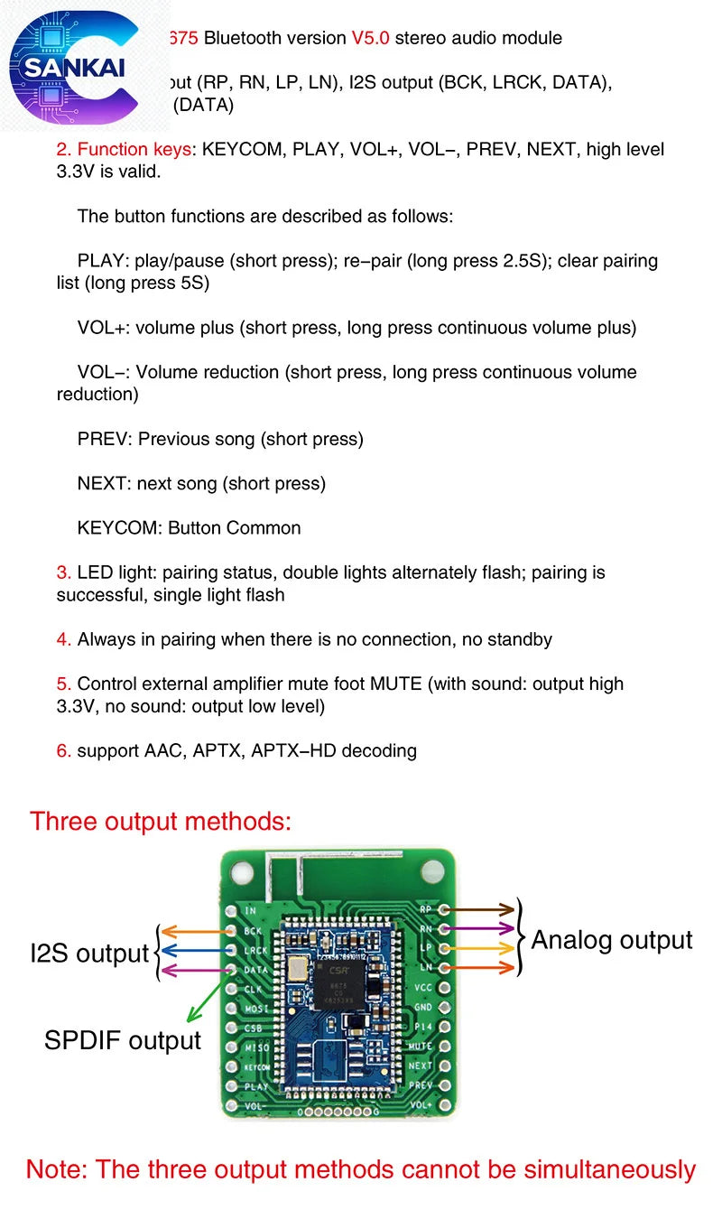 CSR8675 APTX-HD LDAC Bluetooth 5.0 Module, I2S SPDIF, 24Bit/96kHz HiFi Audio
