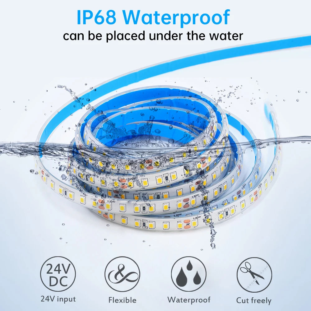 IP68 Waterproof LED Strip Light 2835 12V 24V 120LED/m with 2-pin Wire/ DC Plug Flexible Adhesive Tape 3000k/4500K/6000K 1M-20M