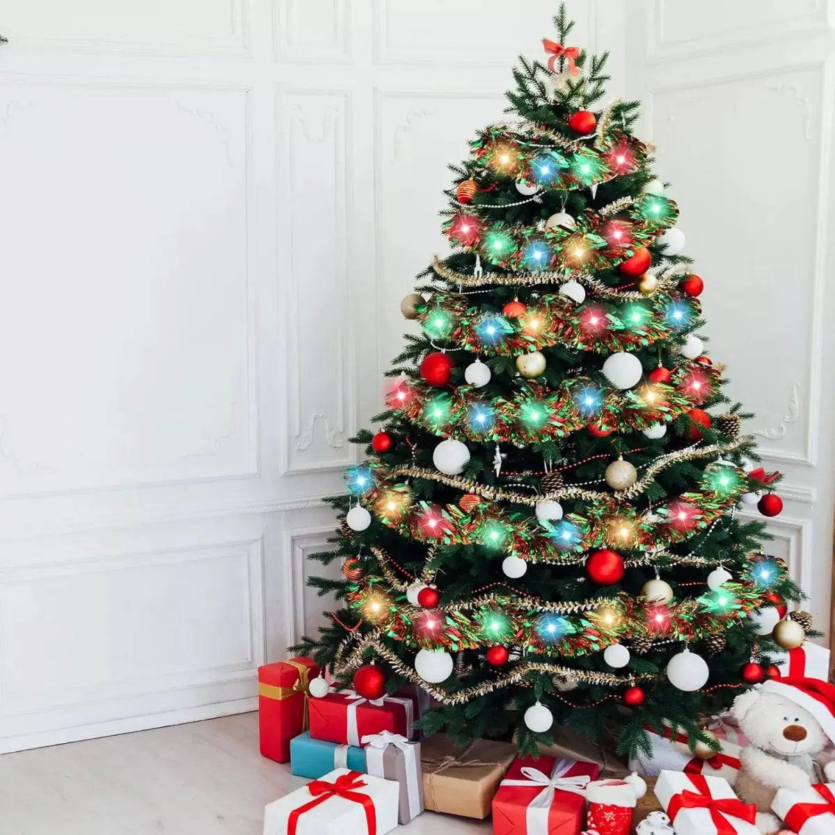 1pc Christmas Tinsel Garland Metallic Shiny Garland With LED Lights Christmas Tree Garland Thick Hanging Suitable For Home Decor