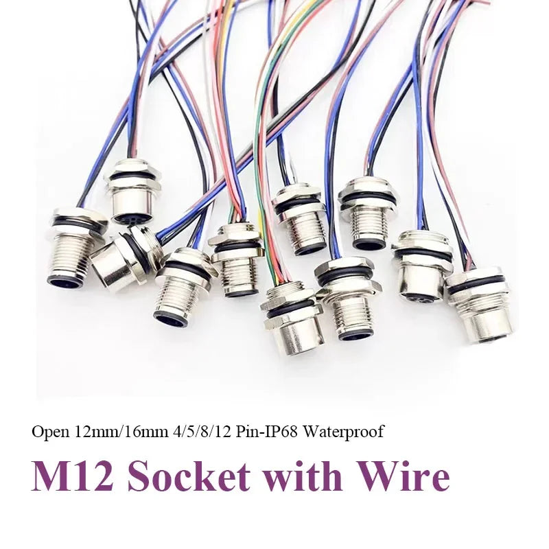 Waterproof M12 Male Female Connector Cable IP68 4 5 8 12 Pin Aviation Socket with 20CM Wire Open 12mm/16mm Panel Mount Sockets