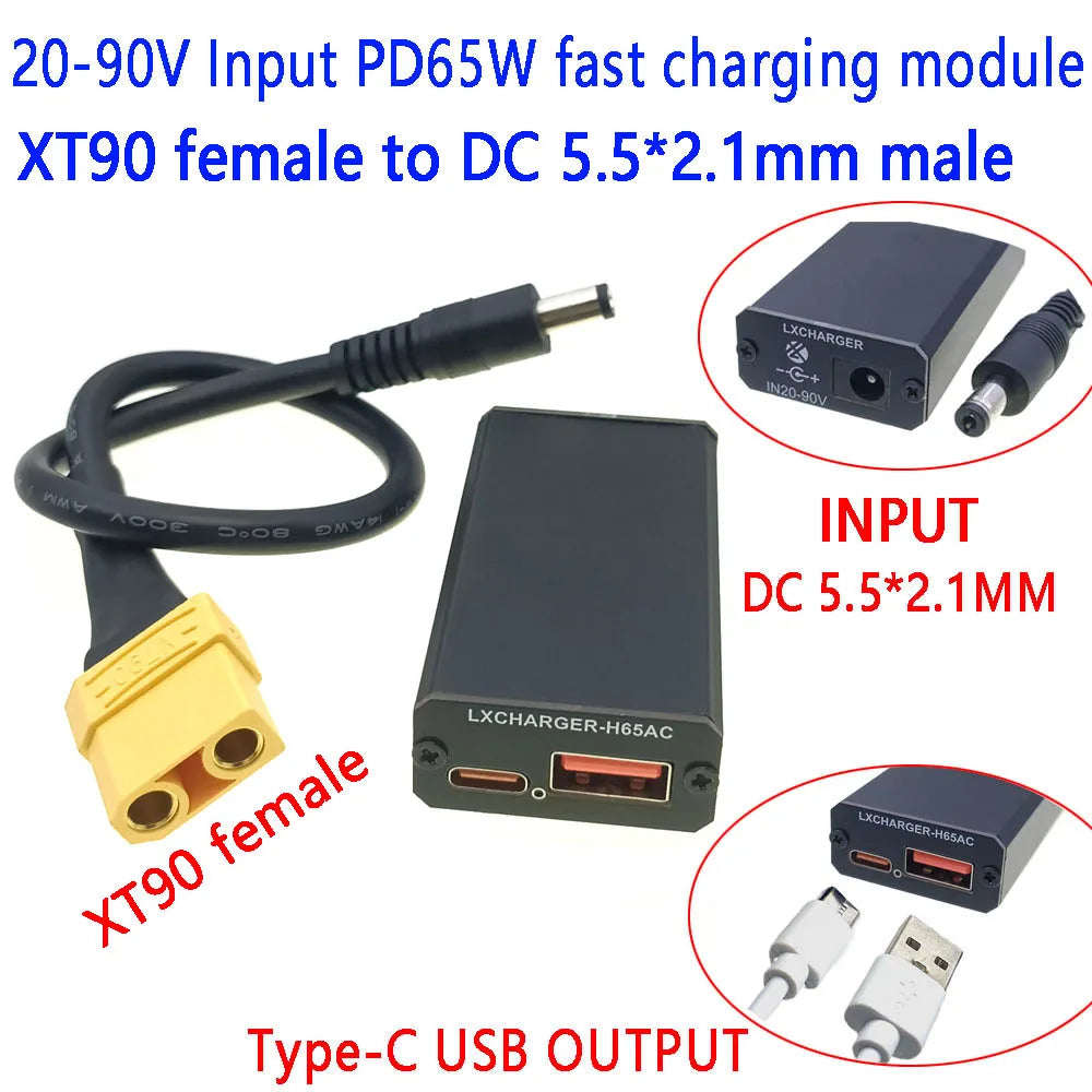 XT60 XT90 EC5 To 5V Connector DC20-90V Step Down Module PD65W PD/QC3.0 QC2.0 Double USB Type-C Mobile Phone Quick Charge Adapter