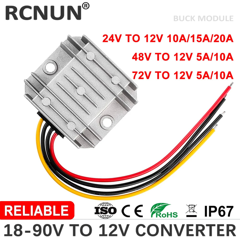 RCNUN 18-90V to 12V 5A 10A 15A 20A DC Converter Step Down Voltage Regulator 24V 36V 48V 60V 72V Transformer Car Power Supply