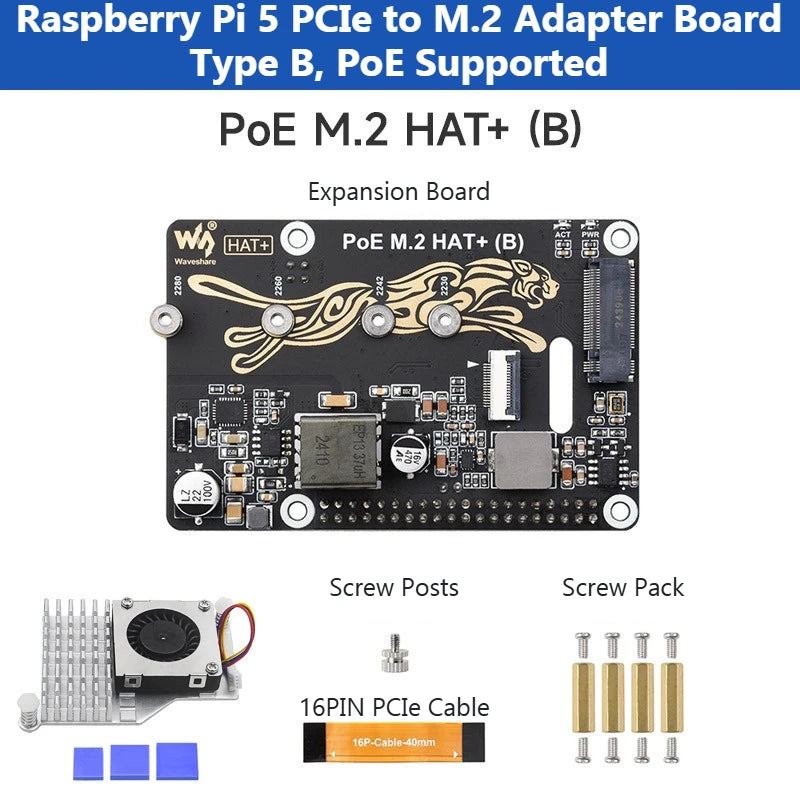 Waveshare PoE M.2 HAT+ (B) for Raspberry Pi 5 | High-Speed NVMe SSD PCIe Adapter with Ethernet Power