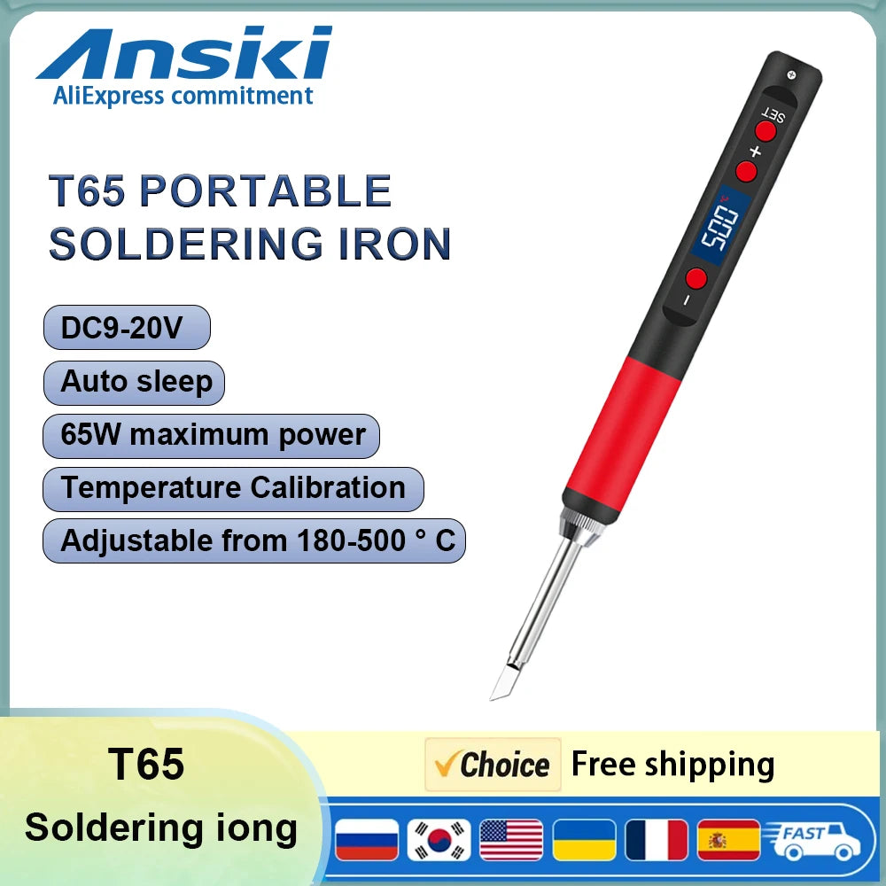 ANSIKI T65 Portable Soldering Iron 9-20V 65W 180-500° Adjustable Temperature DIY Weld Repair Tool Portable Welding Kit