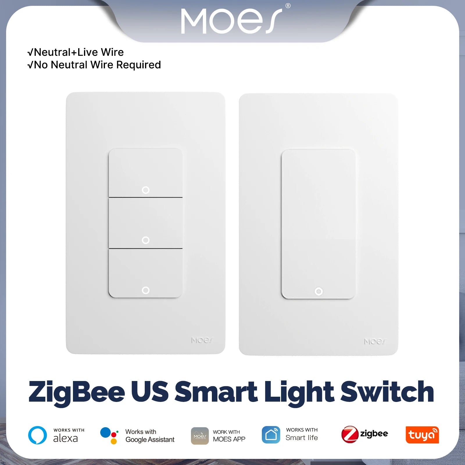 MOES Tuya ZigBee US Smart Light Switch Push Button Wall Switch Neutral Wire/No Neutral Wire Required Work With Alexa Google Home