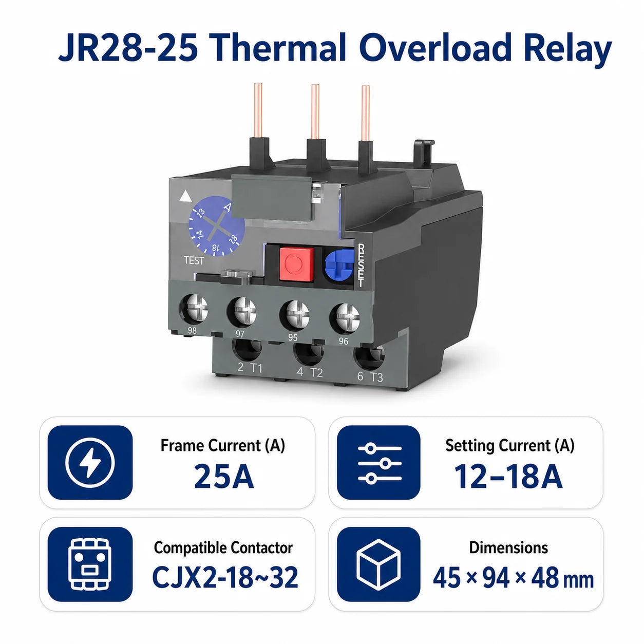 JR28 Series Thermal Overload Relay 25A 36A  Adjustable Current Motor Protection Electrical Overload Protector for AC Contactor