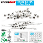 3.6x10mm Fast Quick Blow Glass Tube Fuse 0.5A 1A 1.5A 2A 2.5A 3A 3.15A 5A 6.3A 10A 250V 125V 12V Axial Electric Cutoff Fuses