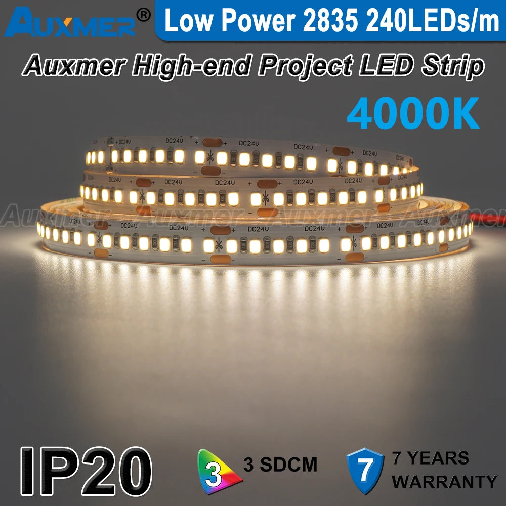 Auxmer Low Power 2835 LED Strip,Mono Color,120LEDs/m 240LEDs/m,CRI＞95/90,3SDCM,Super Bright Flex LED DC12/24V,5m/reel,IP20