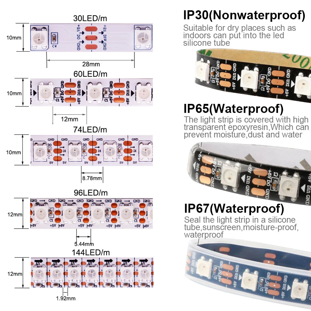 WS2812B Individually Addressable Led Strip light WS2812 5050 RGB Smart Pixels Led Light 30/60/74/96/144leds/m IP30/65/67 DC5V