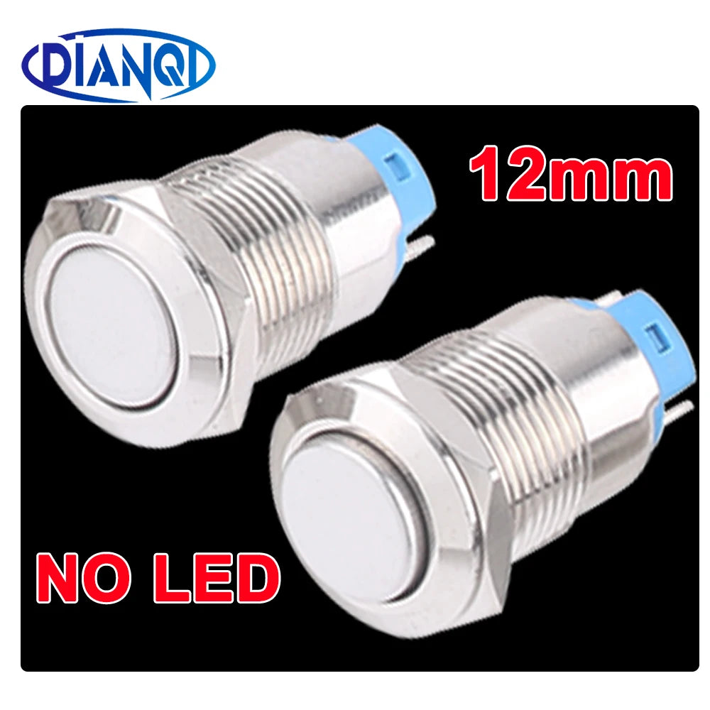 1pc 12mm metal push button waterproof nickel plated brass button switch Latching/self-locking/fix high/flat head on-off NO LED