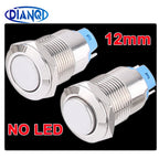 1pc 12mm metal push button waterproof nickel plated brass button switch Latching/self-locking/fix high/flat head on-off NO LED