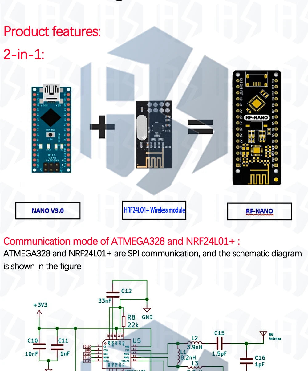 RF-Nano for Arduino Nano V3.0, Micro USB Nano Board ATmega328P QFN32 5V 16M CH340, Integrate NRF24l01+2.4G wireless