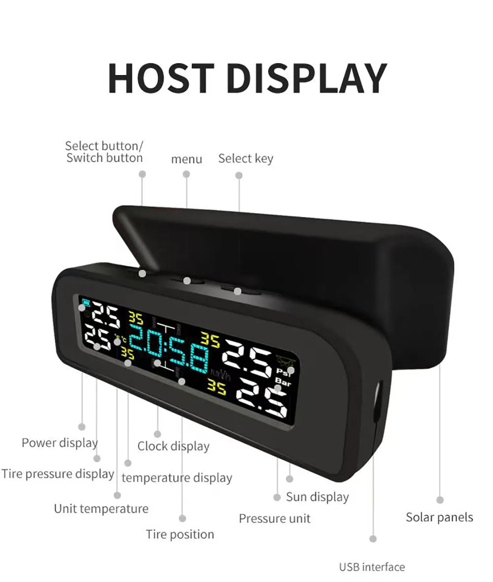 Solar Power TPMS Car Tire Pressure Monitoring System Alarm Tyre Air Pressure Meter Gauge Temperature Warning With 4 Sensors