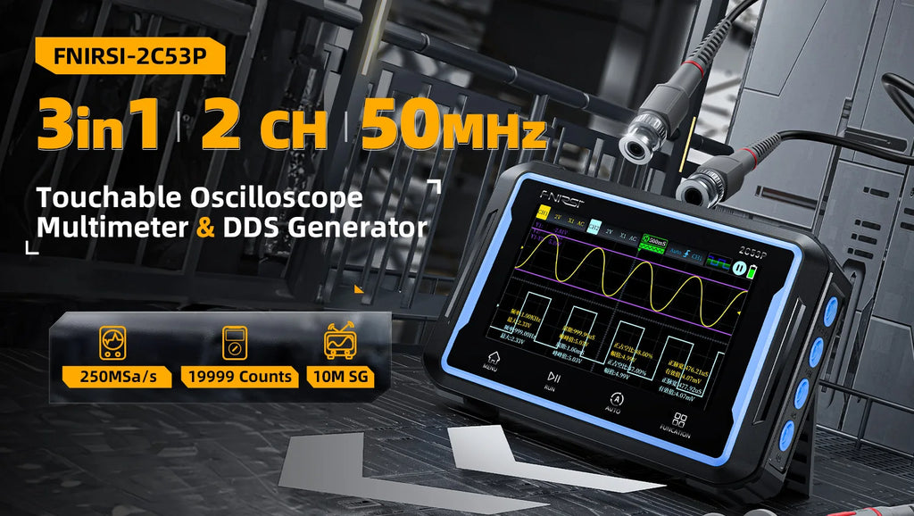 FNIRSI 2C53P 3 in 1 Digital Handled Oscilloscope Multimeter Signal Generator Touch Screen 2 Channel 50MHZ 250Ms/S 19999 Counts