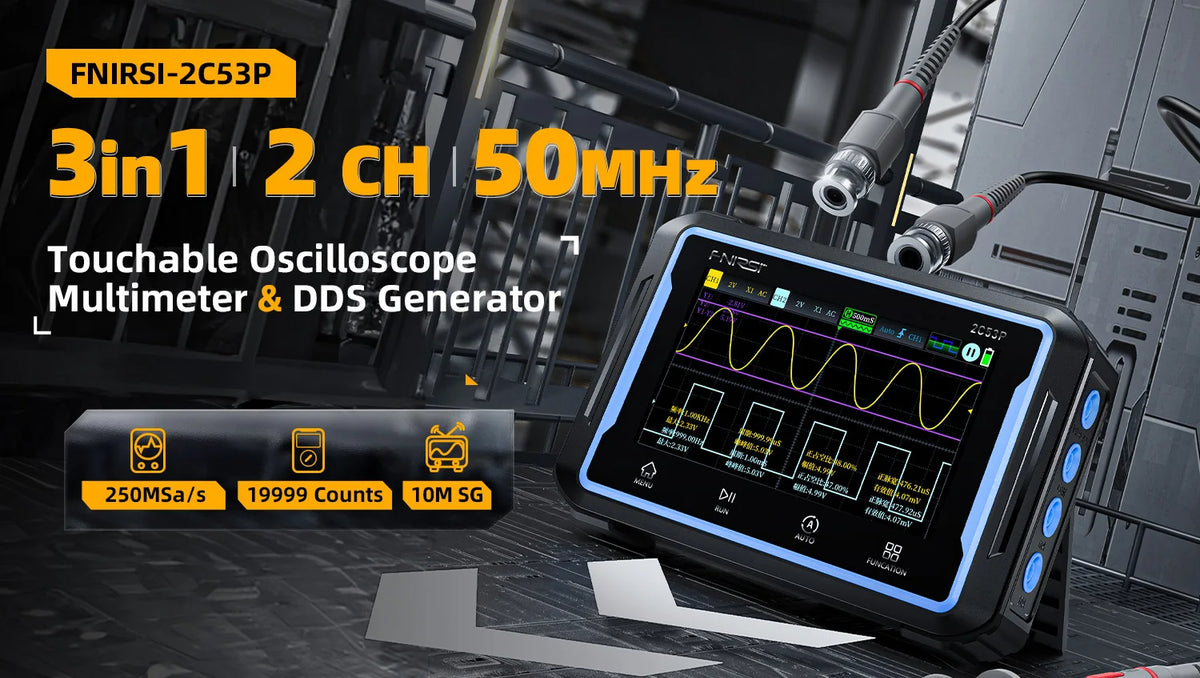 FNIRSI 2C53P 3 in 1 Digital Handled Oscilloscope Multimeter Signal Generator Touch Screen 2 Channel 50MHZ 250Ms/S 19999 Counts
