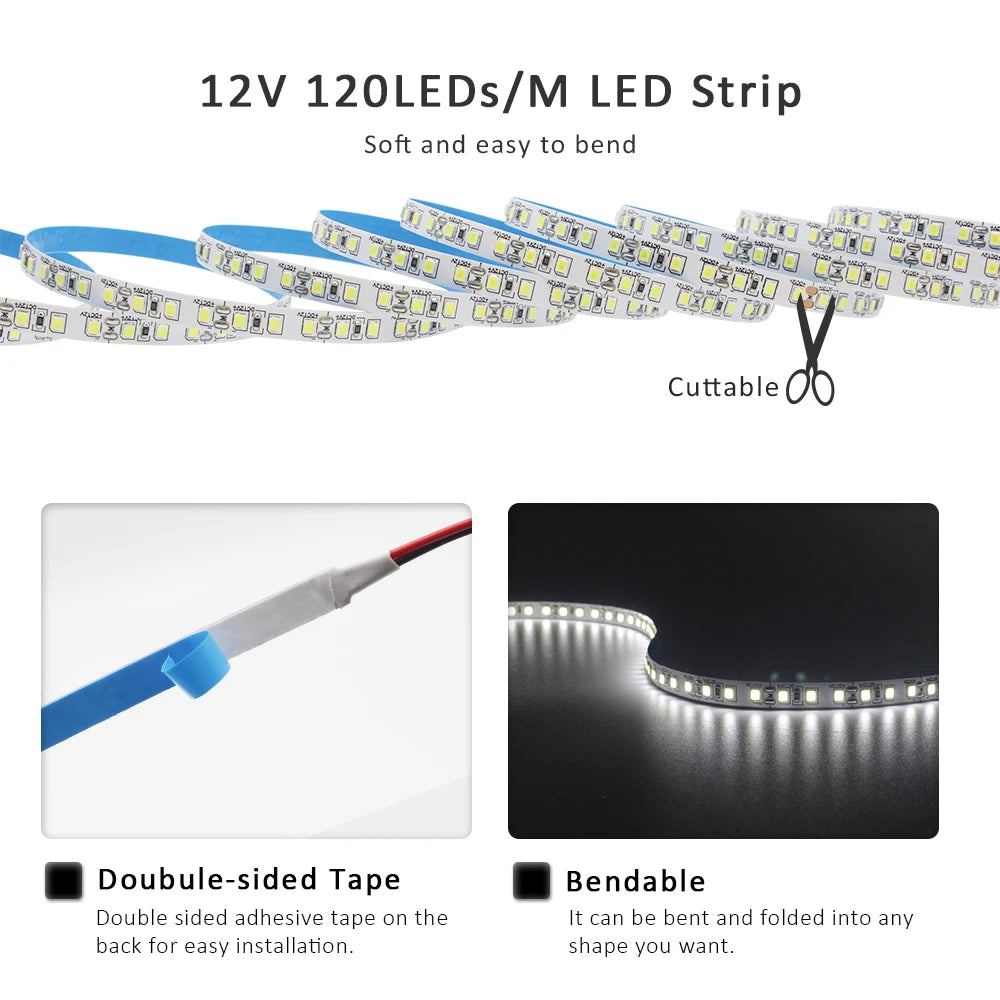 DC 12V LED Strip Light SMD 2835 120LEDs/m Red Green Blue Warm Cold White Home Decor Flexible Ribbon Tape Rope Linear Lighting