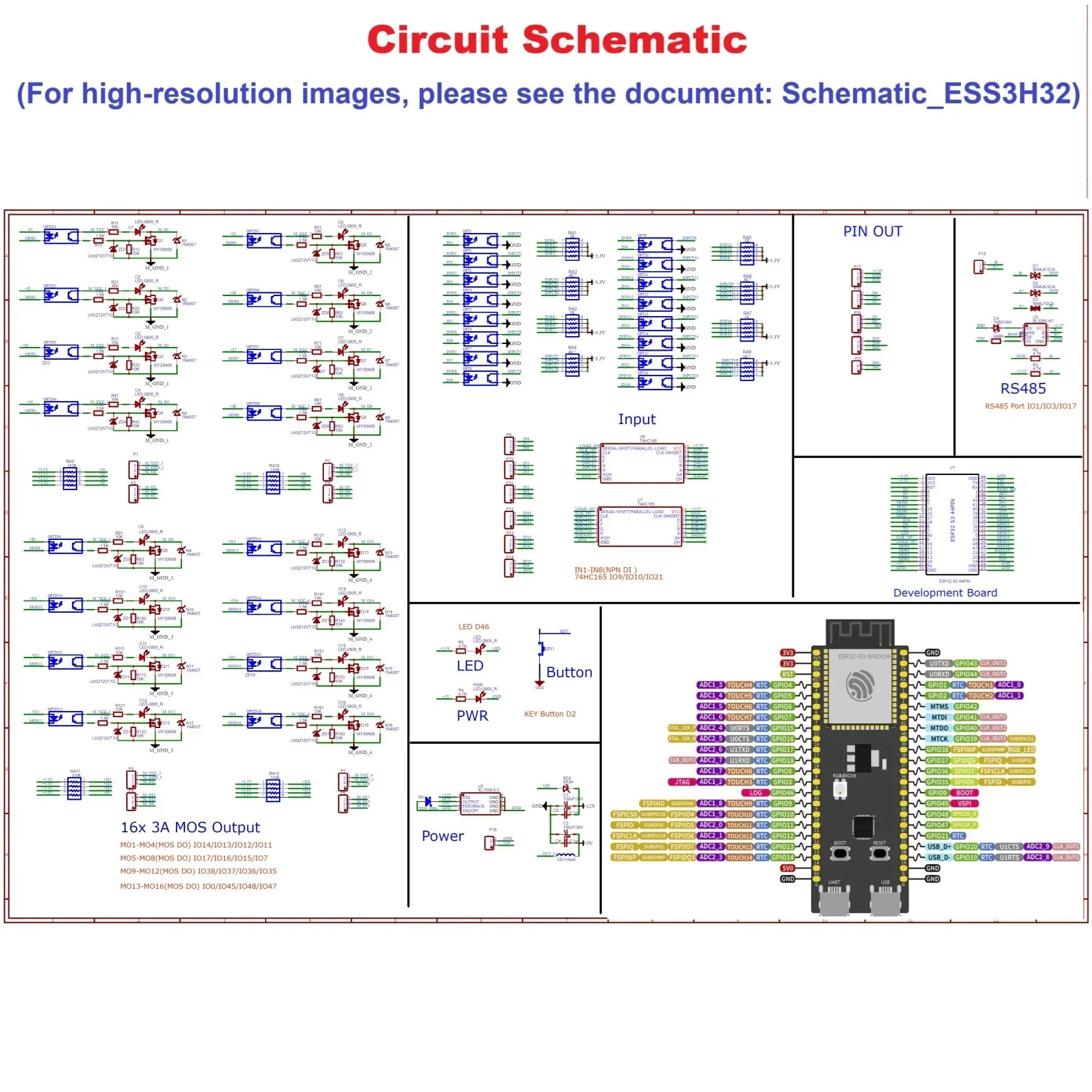 DC7-30V ESP32 Expansion Board 16CH Opto Isolated NPN Input 16CH 3A MOS PWM Output RS485 DIN Rail Optional Controller