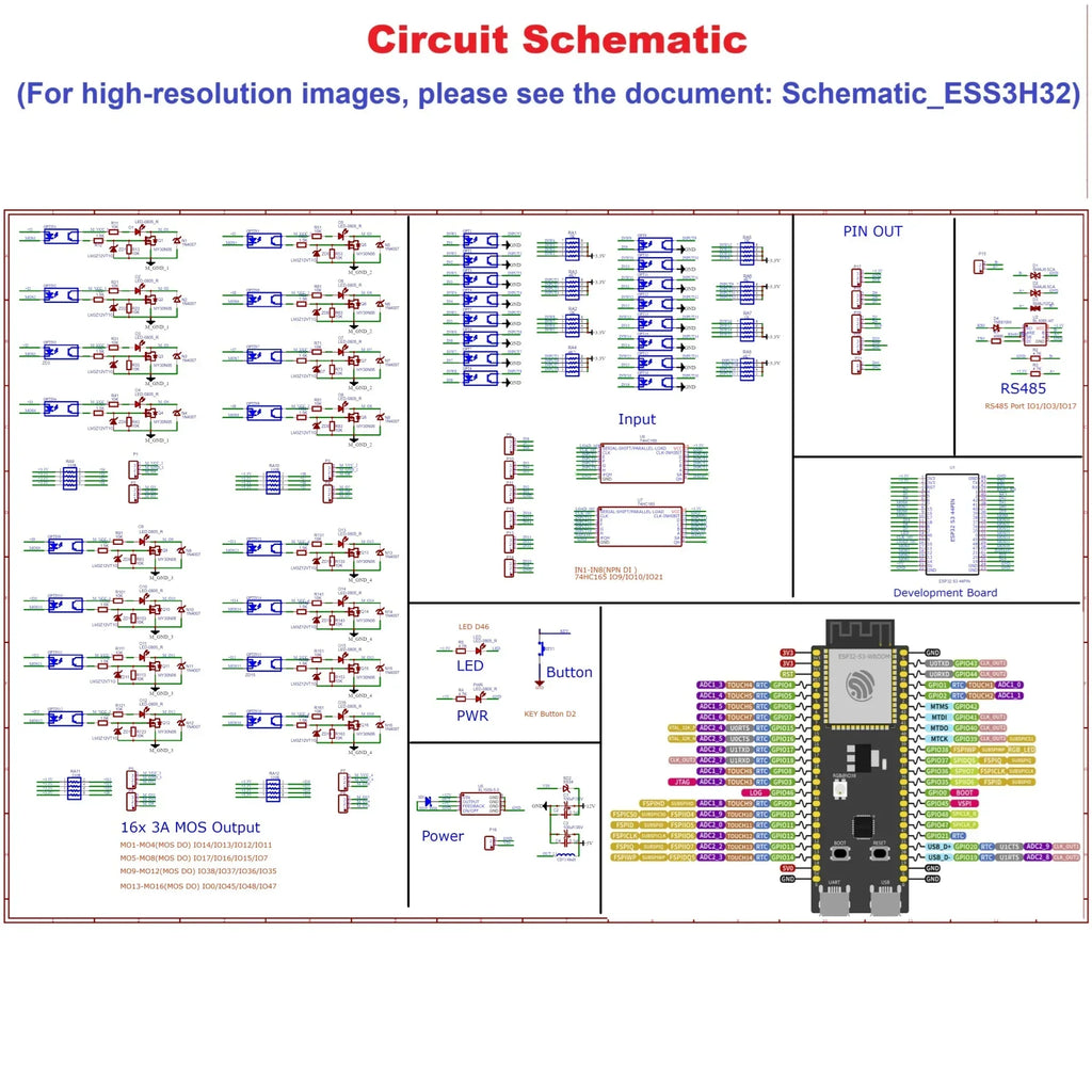 DC7-30V ESP32 Expansion Board 16CH Opto Isolated NPN Input 16CH 3A MOS PWM Output RS485 DIN Rail Optional Controller