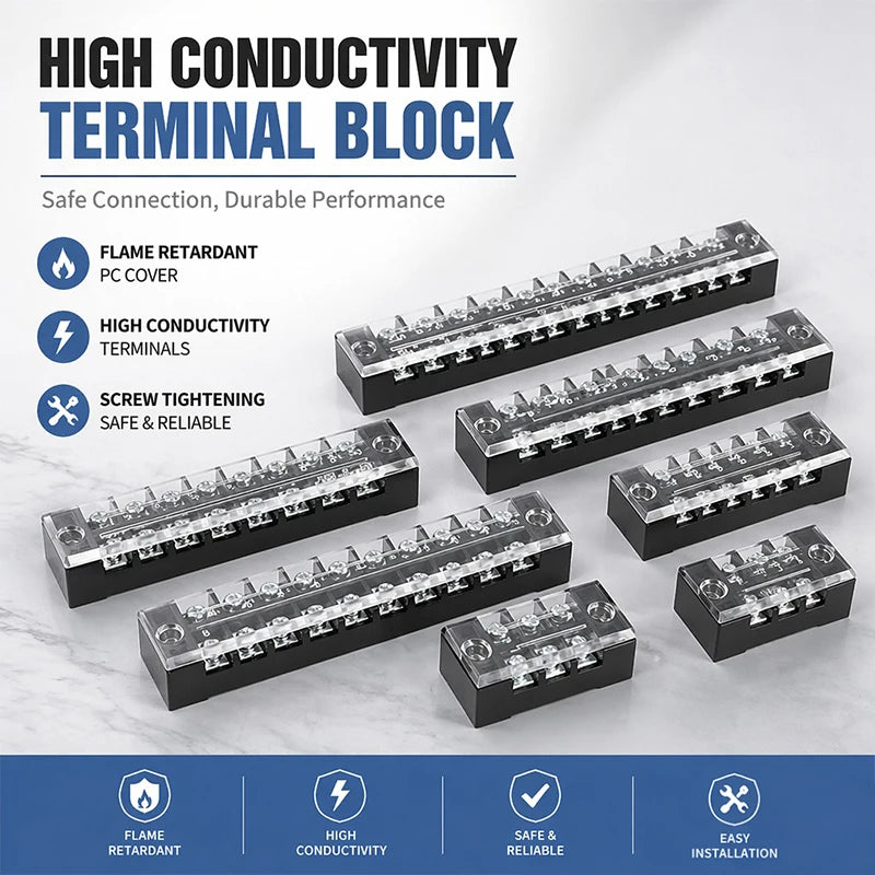 TB1503 TB2503 TB4512 Screw Terminal Block Barrier Strip 15A 25A 45A Wire Connector with Flame Retardant PC Cover for DIN Rail