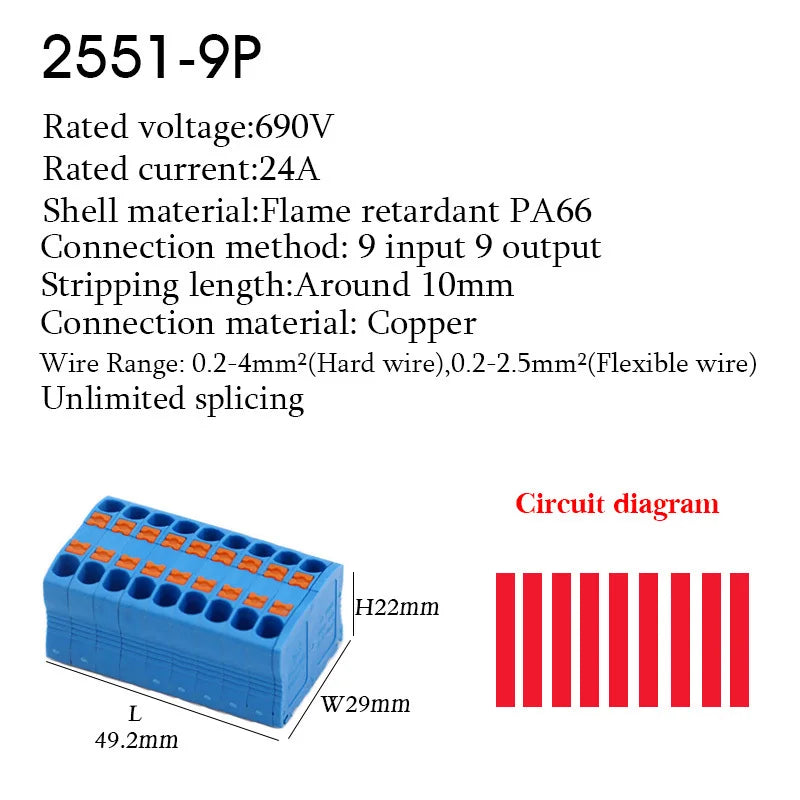 Wire Connectors Push-in Electrical Cable Terminal Block Multiple In Multiple Out Spliceable Mount On Din Rail With Fixing Hole