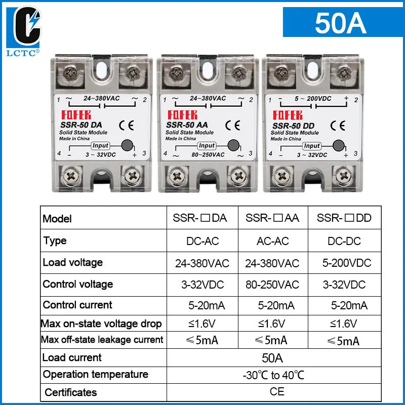 LCTC 1pcs Solid State Relay Single Phase Non-contact SSR DC To DC AC To AC DC To AC 24-380VAC 10A 25A 40A 50A 60A 80A 100A