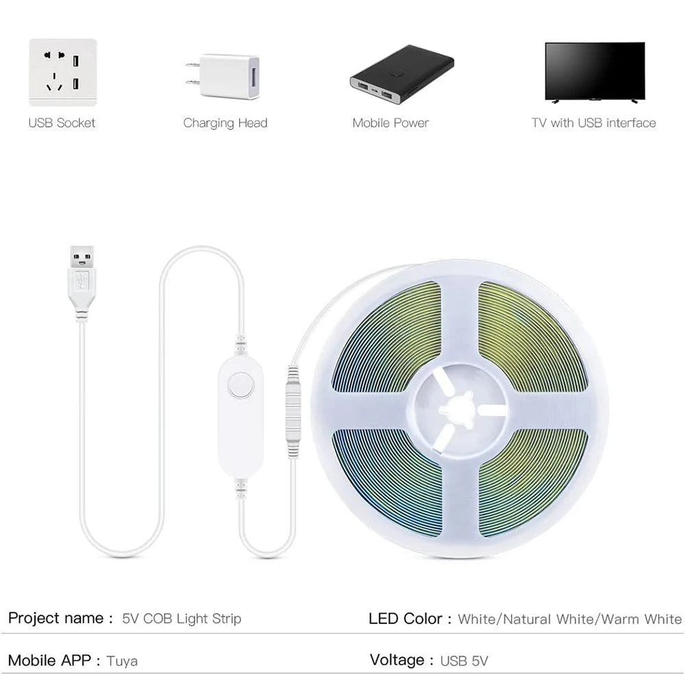 5V USB Tuya WiFi Tuya Zigbee 3.0 Warm White COB LED Strip Light Flexible Dimmable 8mm Width 320leds/m 4mm Width 480leds/m RA90