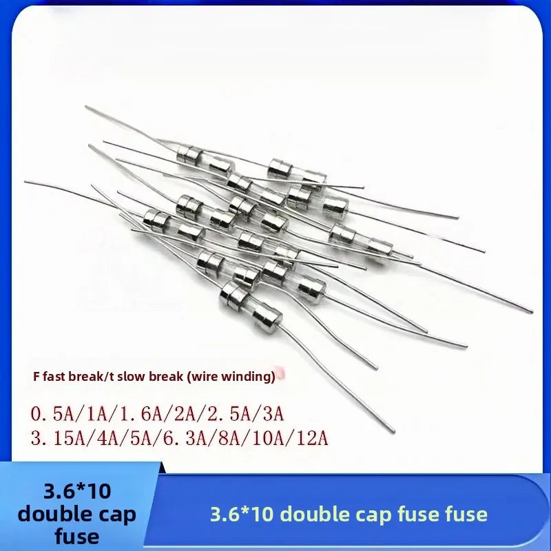 20Pcs 3.6*10 3*10 4*11 Glass Fuse Fast/Slow Blow 250V 0.5A 1A 2A 3A 3.15A 4A 5A 6.3A 10A 12A with Legs F/T Type 3.6x10 3x10 4x11