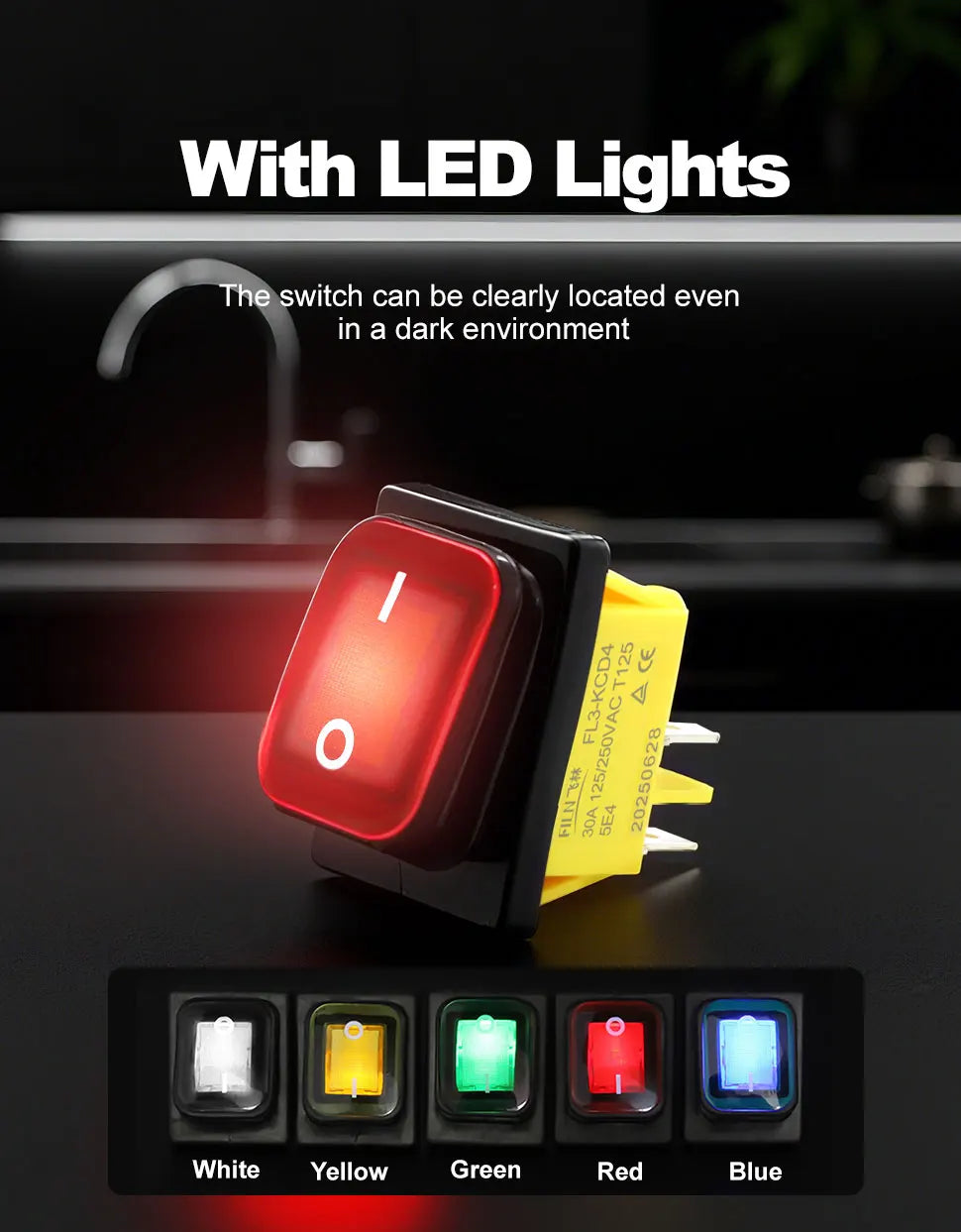 FILN Heavy Duty IP68 Waterproof LED Toggle Rocker Switch T8530A12V/220VRed/Blue/Green ON/OFF Ideal for Car & Marine Use