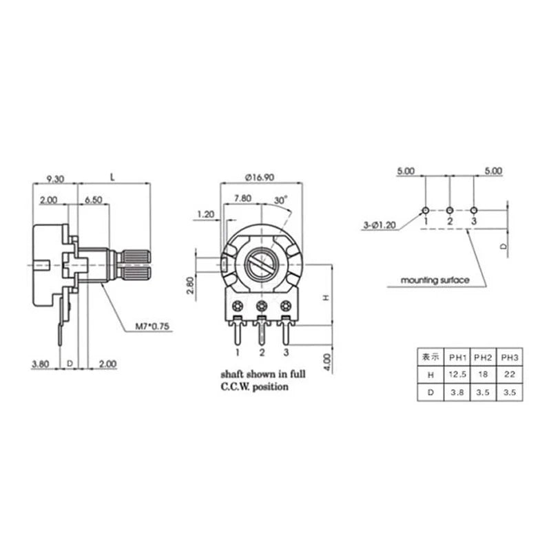 5PCS Linear Taper Potentiometer Kit WH148 B1K B2K B5K B10K B20K B50K B100K B250K B500K B1M 15mm Shaft 3Pin with Nuts and Washers