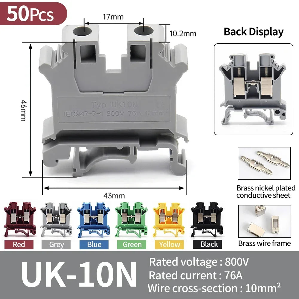 UK-2.5B DIN Rail Universal Brass Block Screw Clamp Wiring Voltage Terminal UK1.5N/3N/5N/6N/10N/16N/25N/35N/50N