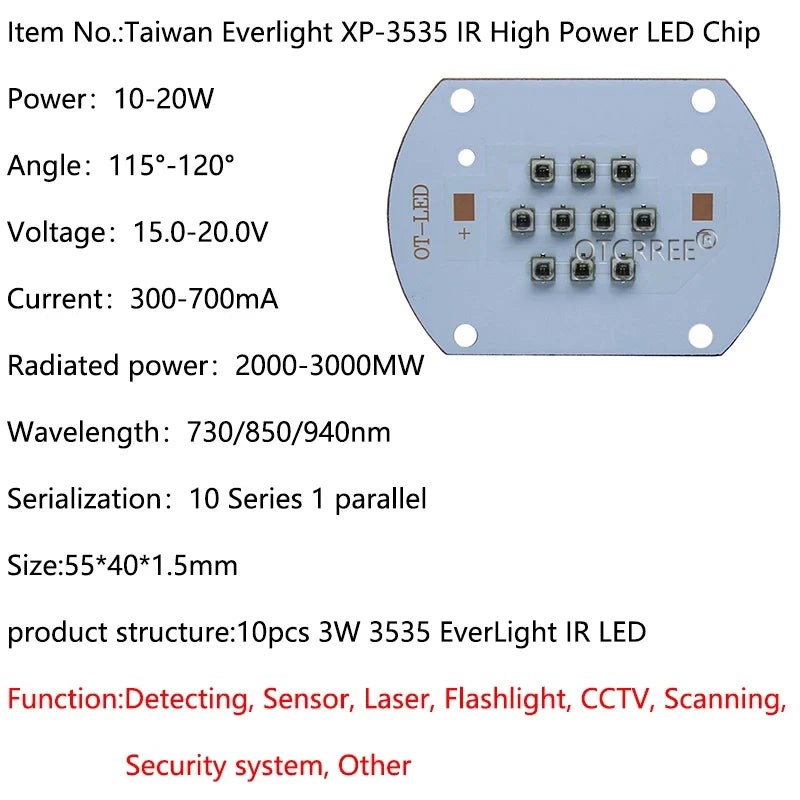 High Power LED 3535 Chip 730nm 850nm 940nm IR LED Infrared 10W 20W 30W 50W 850 nm 940 nm Emitter Light Lamp LED Diode