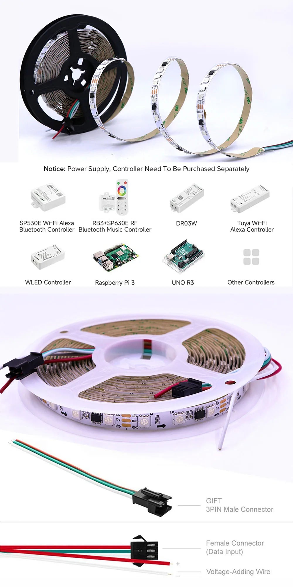 WS2811 Magic Color RGB LED Strip SMD5050, DC12V. Addressable, 30/48/60/84/96 LEDs. External: 1 Control IC Controls 3 Lighting LE