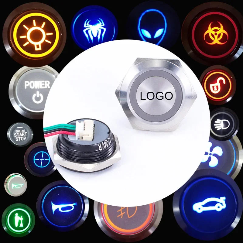RGB Led Push Button Switch With Wire Custom Pattern Car DIY Waterproof Led Momentary 19/22/25/30 mm Self Reset 12v Symbol Signal