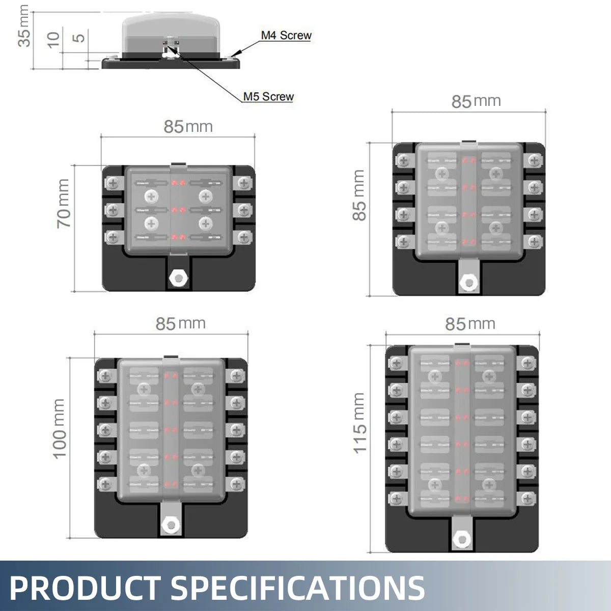 Blade Holder Fuse Box 12/10/8/6 Ways Modified Terminal Block Fuse with LED Warning Light 12V~24V Power Distribution Panel Boat