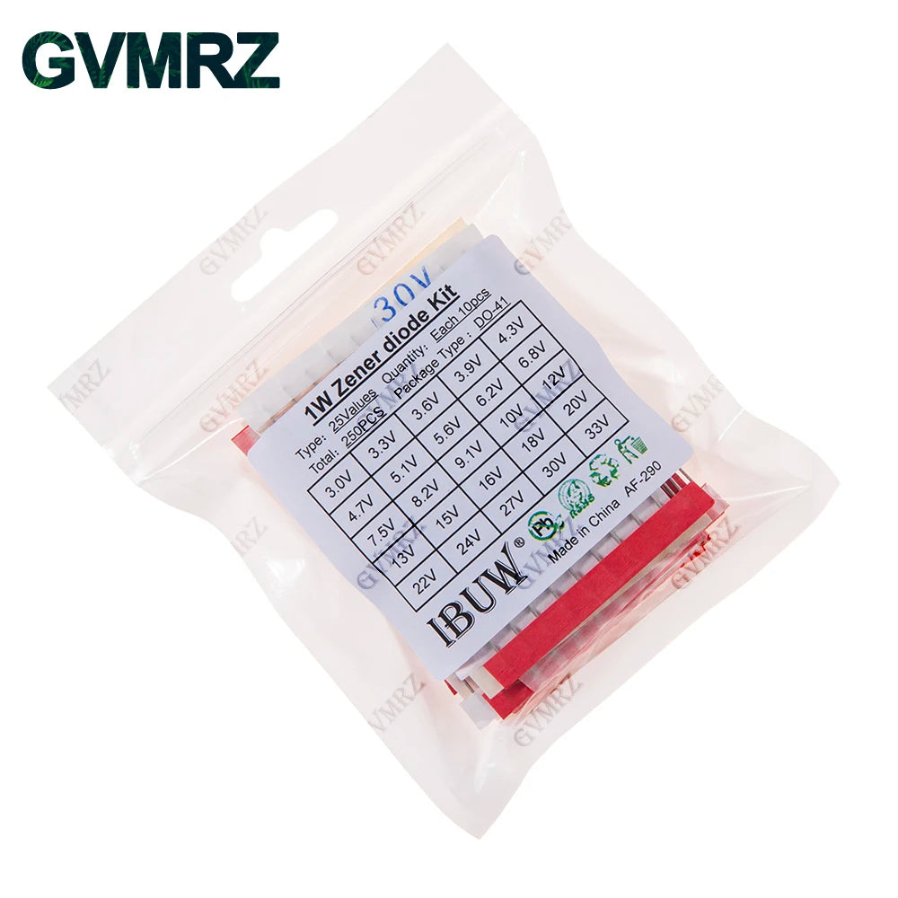 250PCS 25Values 1W Zener Diode Kit 3.0V-33V DO-41 for Voltage Regulation Electronic Projects