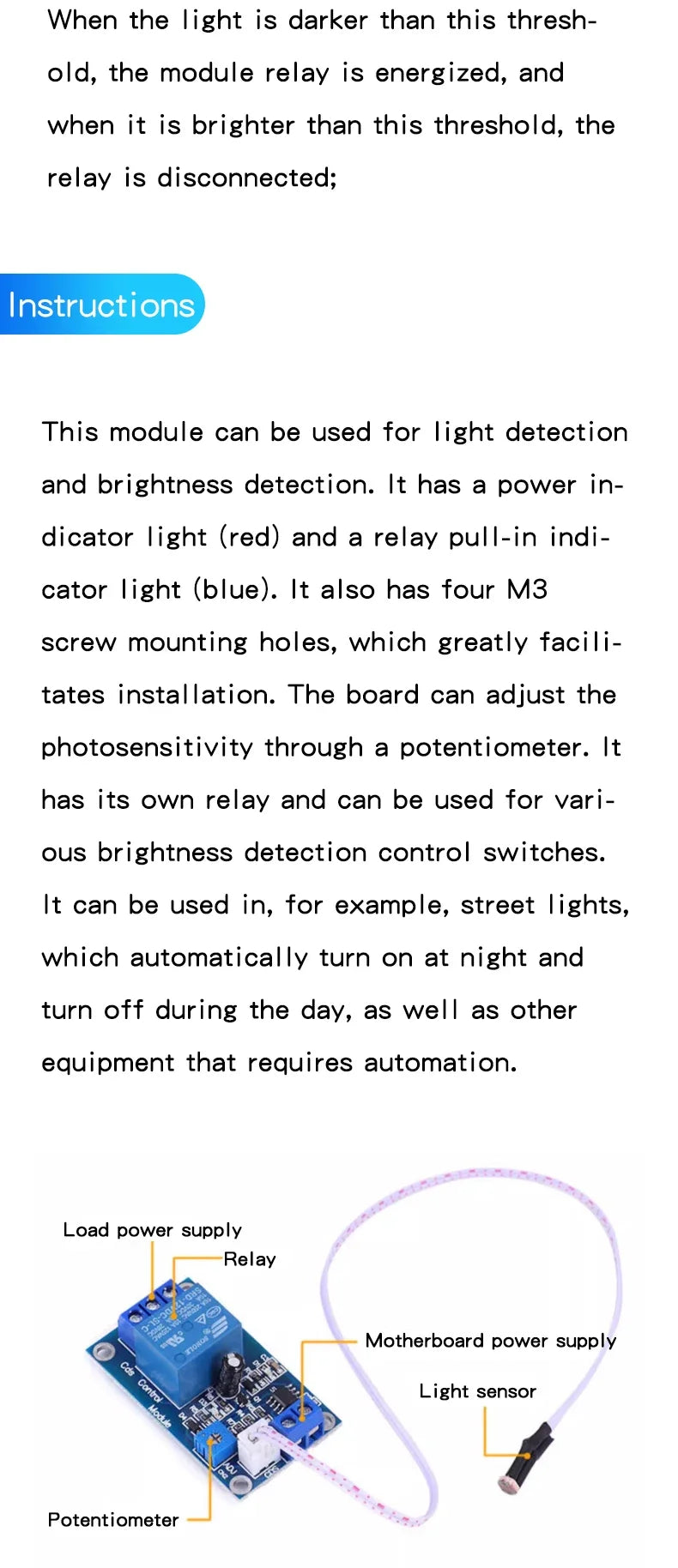 XH-M131 Photoresistor Module Automatic Brightness Control Light Switch Sensor 5V 12V 24V