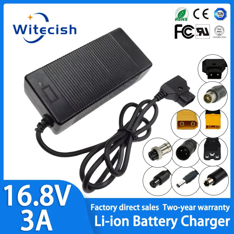 16.8V 3A Li-ion battery charger for 14.4v 14.8v battery 4S 18650 battery pack connector DC5521 gx12 gx16 d-tap xt60 xt90 XLR RCA