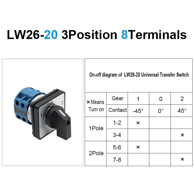 OMCH 1PCS Silver Contact LW26-20/32/63 Universal Switch 3 Position 1-0-2 1/2/3/4 Poles 440V 4/8/12/16Terminals Rotary Cam Switch