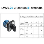 OMCH 1PCS Silver Contact LW26-20/32/63 Universal Switch 3 Position 1-0-2 1/2/3/4 Poles 440V 4/8/12/16Terminals Rotary Cam Switch