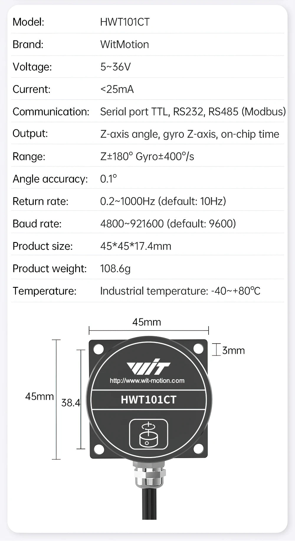 HWT101CT Z-Axis Crystal Inclinometer, MEMS Tilt Angle Sensor , Built-in Highly-Integrated Crystal Gyroscope