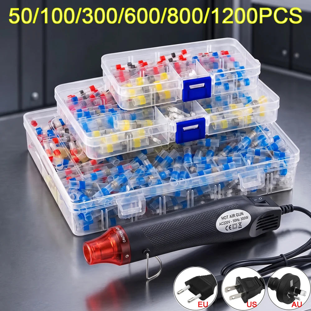 50-1200Pcs Solder Seal Wire Connectors Kit with 300W Heat Gun Waterproof Heat Shrink Butt Terminals Electrical Splice Set