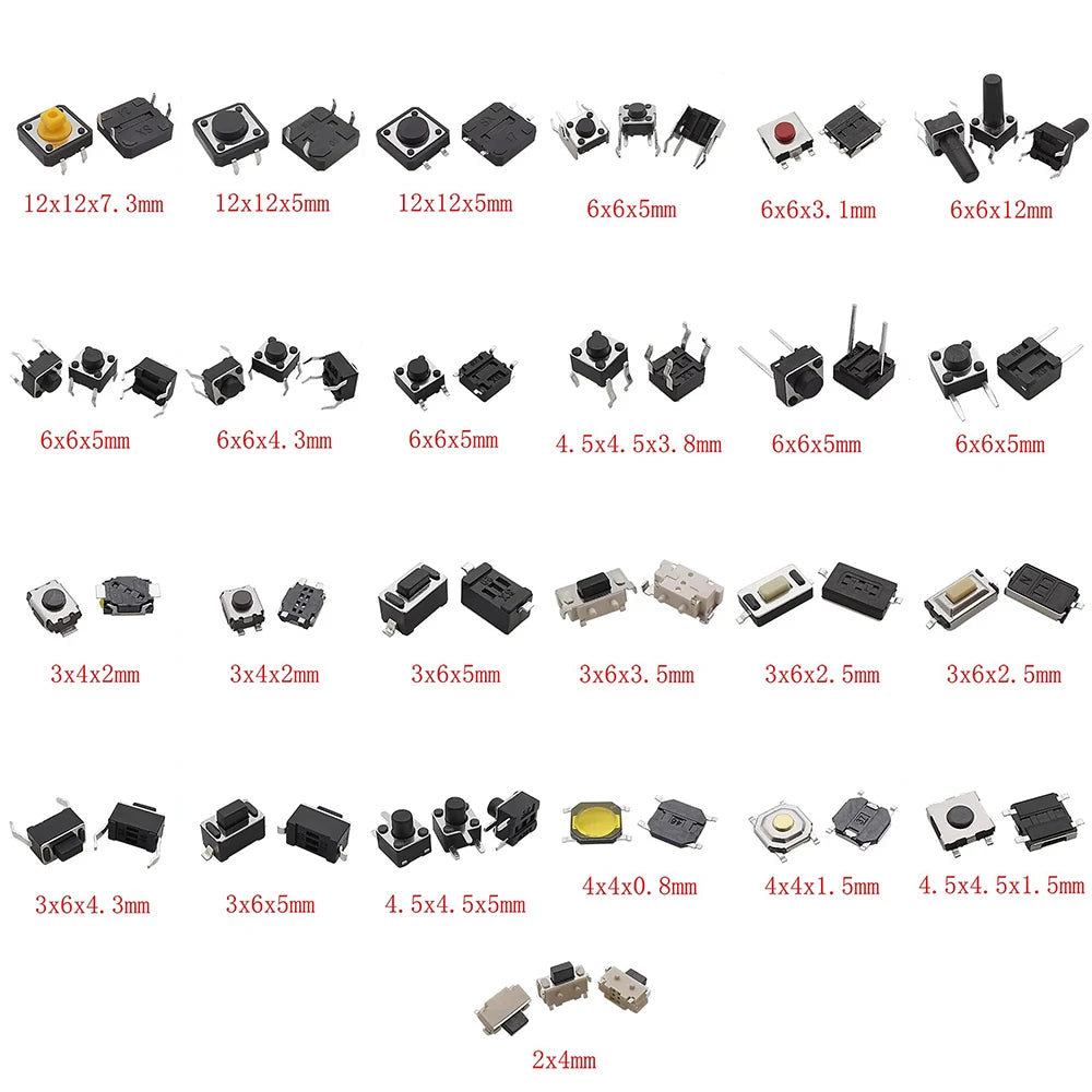 125Pcs 25 Types SMD DIP Micro Tact Push Button Switch Assorted Kit 2*4 3*6 4*4 6*6 12*12 Reset Mini Leaf Switches for Arduino