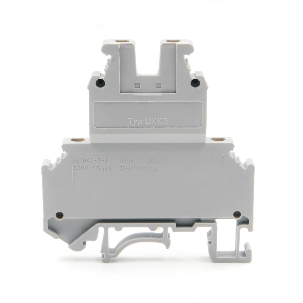 UKK 3 Double Layer Terminal Block, 5.2mm Width, 24A 500V, PA66 V0 Flame Retardant, Screw Clamp, 10pcs (For DIN Rail NS35)