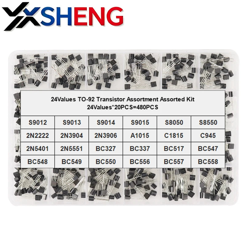 480PCS 24Values TO-92 Transistor Kit S8050 S8550 BC547B 2N5401 2N5551 2SC1815 C945 2N2222 2N3904 2N3906 S9015 New Assortment Box