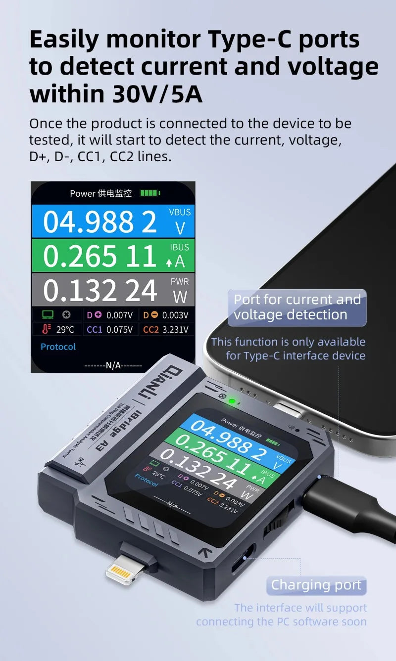 QianLi IBridge A3 Lightning Type-C Tail Plug Comprehensive Analysis Tester for iPhone Phone Charging Port Fault Detection Repair