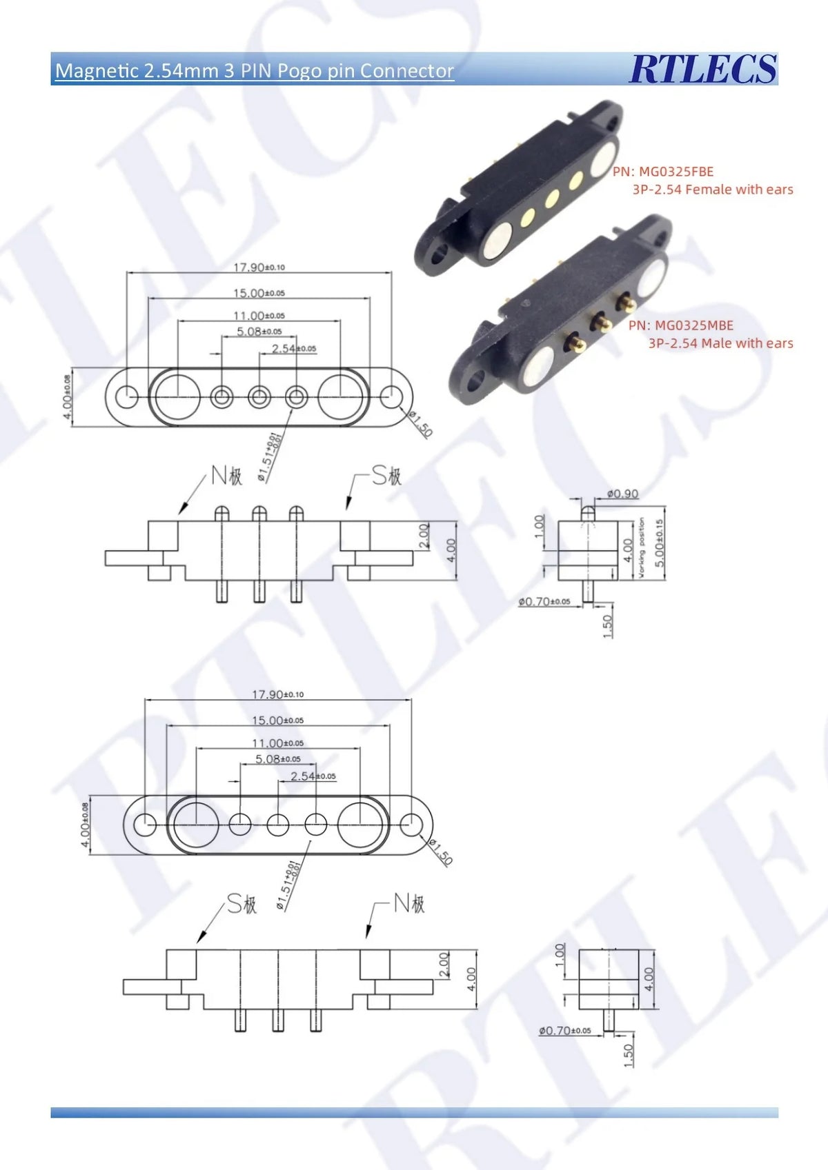 Smart Wristband Male Female Wire 2 3 4 5 Pole USB Type-C DC Charger Connector 2A DC Smart Watch Magnetic Pogo Pin Universal