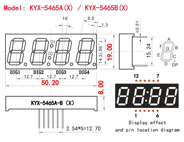 10PCS 0.56-inch 4-digit clock digital tube 50mmX19mm digital display "8" height 14.2mm seven-segment digital tube5462series5465
