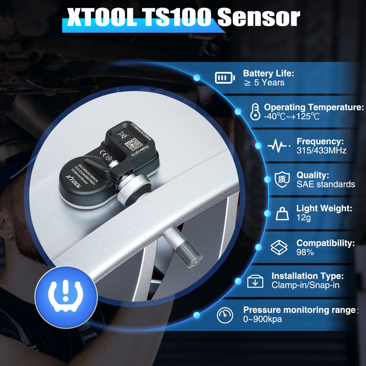 XTOOL TS100 PRO 4PCS Upgraded TPMS Sensor 315Mhz/433MHz Tire Pressure Monitoring Tester Programmed by XTOOL TP150/IP819TP
