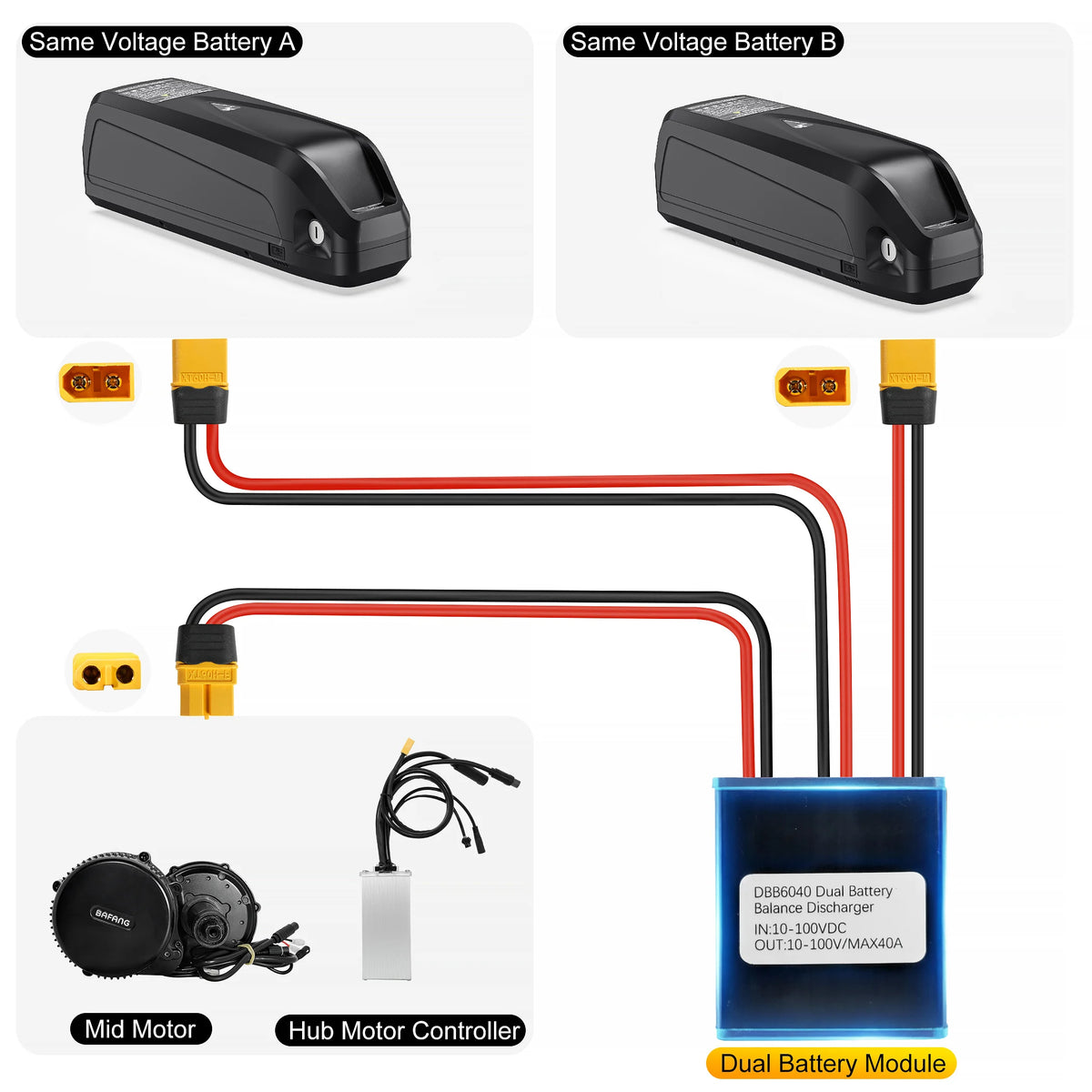 Mini Electric Bicycle Dual-Battery Discharge Converter Connection Adapter, Voltage Range 10 - 100V, Anderson/XT60/XT90 Connector