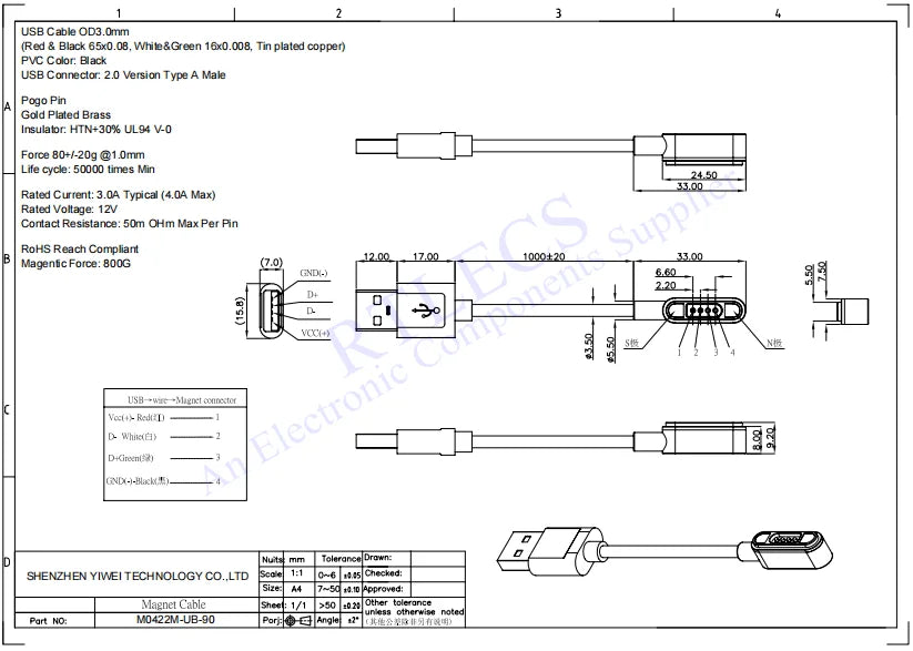 Waterproof Magnetic Pogo Pin 4 Position Cable Connector High Current 3A USB Type-C 2.2 MM THT Spring Loaded Strong Force 500G